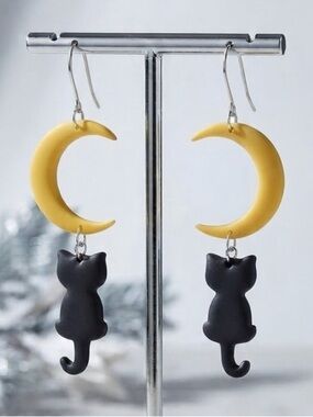Cat Under the Moon Dangle Earrings - Yellow & Black